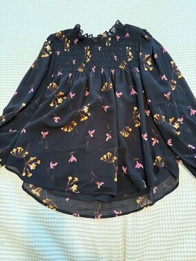 Madewell Black Floral Smocked Yoke Long-Sleeve Blouse